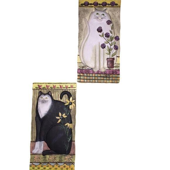 Vintage E. Smithson Folk Art Black & White Cats With Flowers Plaster Wall Art - Picture 1 of 3